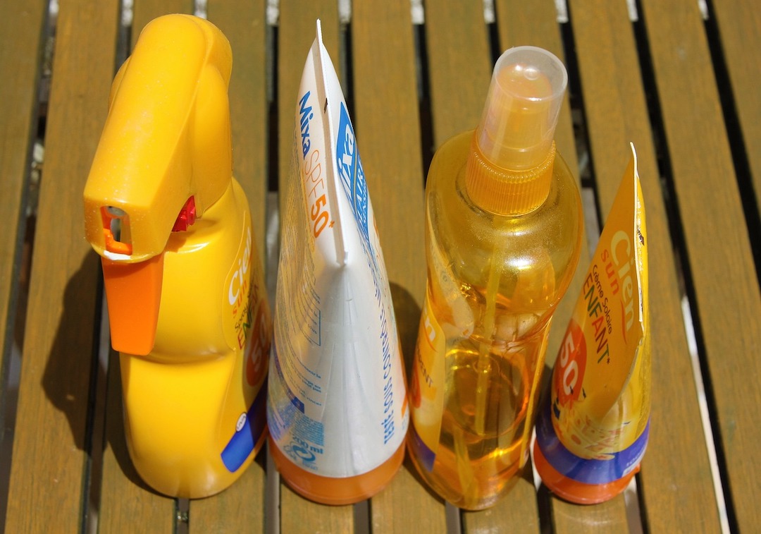Commercial sunscreen bottles.